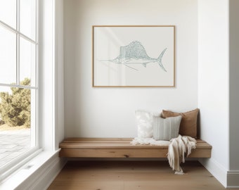 Blue Sailfish Print, PRINTABLE Sailfish Art, Fisherman’s Wall Art, Coastal Home Decor, Minimalist Sailfish Poster, Gifts for Him