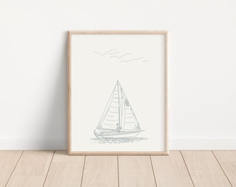 Printable Sailboat Art, Nautical Home Decor, Coastal Nursery Print, Nautical Kids Room Poster, Coastal Entryway Wall Art, Sailboat Line Art
