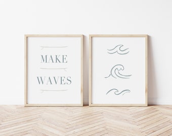 Make Waves Nursery Print Set of Two, Surfboards, Watercolor Waves, Kids Room Art, Ocean Theme Nursery, Surf Theme Playroom, Make Some Waves