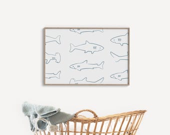 Arte mural de tiburón, lámina imprimible para habitación infantil de tiburón, tiburón blanco, láminas náuticas para habitación infantil, arte de tiburón, habitación infantil con temática de tiburón, láminas para baño infantil