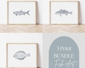 PAQUETE - 3 Láminas artísticas de peces de aguas profundas, decoración costera IMPRIMIBLE