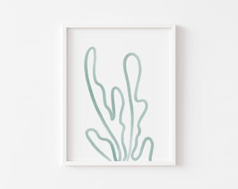 Peut inclure: Une impression encadrée d'un dessin minimaliste d'une plante verte sur fond blanc.