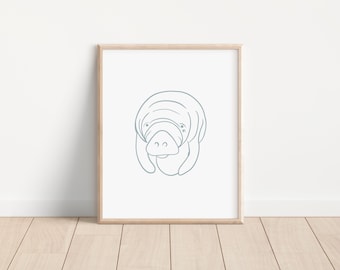 Blue Manatee Print, Printable Manatee Art, Gouache Manatee Painting, Florida Manatees, Manatee Line Art, Coastal Home Decor