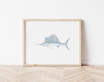 Dark Blue Sailfish Print, PRINTABLE Sailfish Art, Fisherman’s Wall Art, Coastal Home Decor, Minimalist Sailfish Poster, Gifts for Him