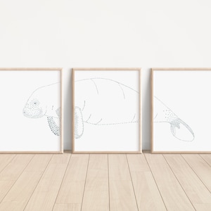 Florida Manatee Printable Wall Art, Modern Coastal Manatee Prints, Triptych Manatee Posters, Manatee Lovers Wall Art, Beach House Wall Decor