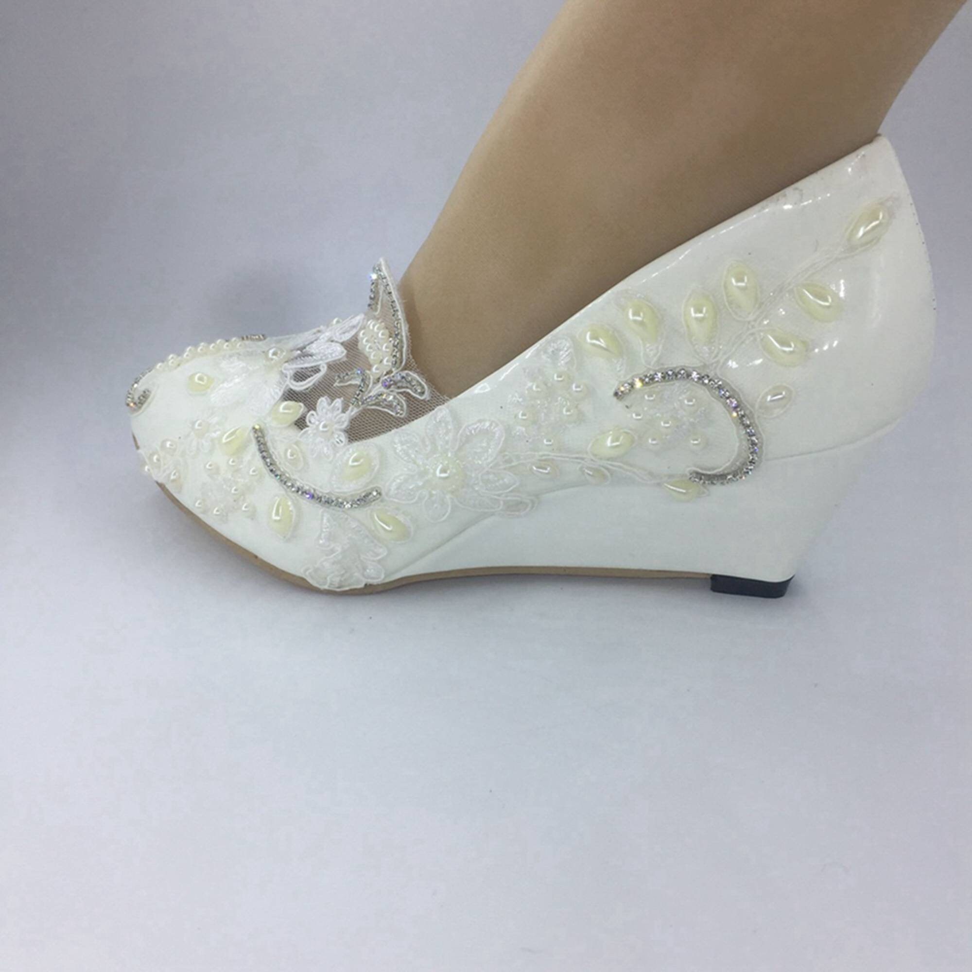 White lace women Wedding shoes pearls Bridal low heel 2inch | Etsy