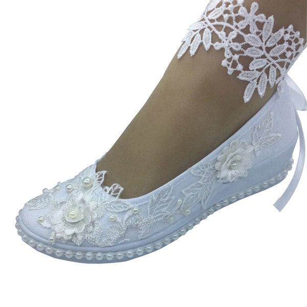 Comfortable Canvas women shoes  White lace Wedding Wedge Heel  Bridal low heel 1.5 inch pumps  Ankle flower US SIZE 5-US 9