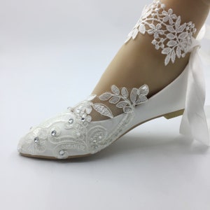 Lace flower lady shoes,White lace ankle lace trips Wedding Shoes Bridal flat Heel shoes Size 5.5-9.5US SIZE 5-US 10