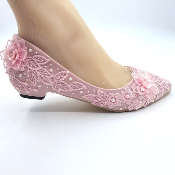 Handmade Lace flower lady shoes  Pink lace Wedding Shoes Bridal flat Heel shoes US SIZE 5-US 8
