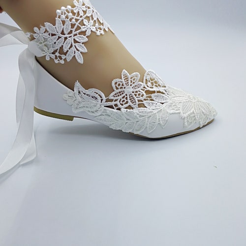 Lace orders flower lady shoes,White lace ankle lace trips Wedding Shoes Bridal flat Heel shoes US SIZE 5-US 9.5