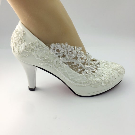 Lace Flower Lady Shoes white Lace Wedding Shoes Bridal 3 Inches