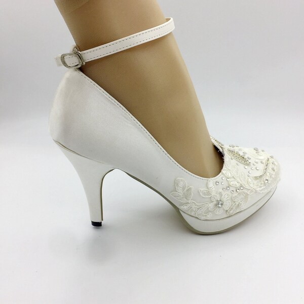 Lady Lace flower shoes,White Ankle straps  lace Wedding Shoes Bridal high Heel shoes Size 5-9.5