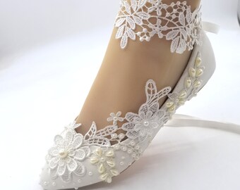 white ivory silk satin Wedding flat ballet lace bride shoes size 5-10