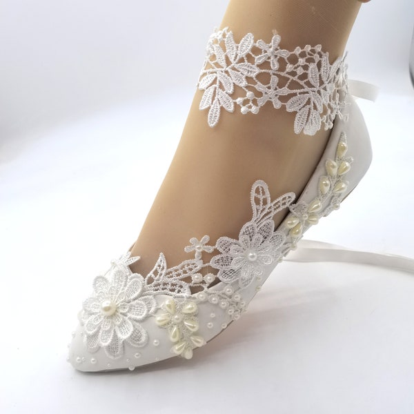 Satin de soie blanc ivoire Chaussures de danse plates pour mariée en dentelle, pointure 5-10