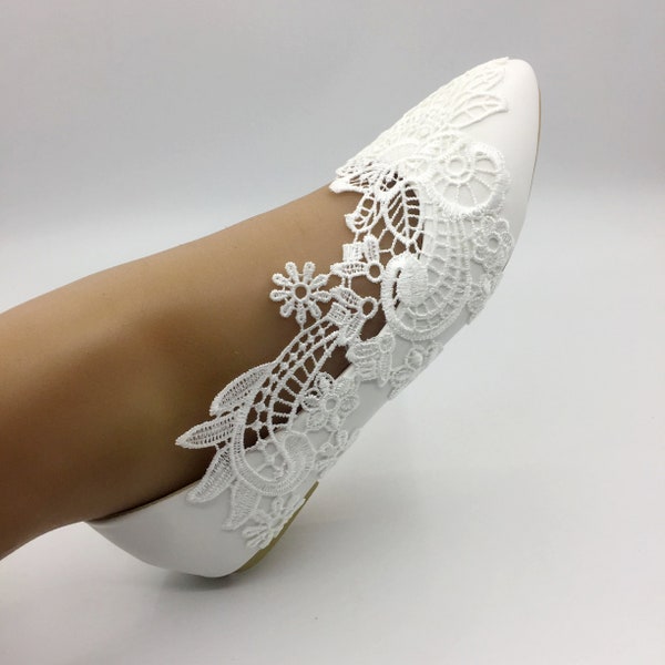 lovely Lace flower lady shoes,White lace Wedding Shoes Bridal flat Heel  shoes US SIZE 5-US 9.5