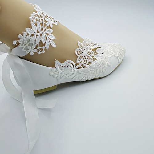 Lace orders flower lady shoes,White lace ankle lace trips Wedding Shoes Bridal flat Heel shoes US SIZE 5-US 9.5