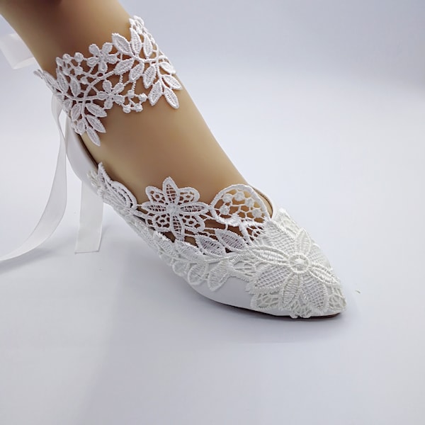 Lace flower lady shoes,White lace ankle lace trips Wedding Shoes Bridal flat Heel shoes US SIZE 5-US 9.5