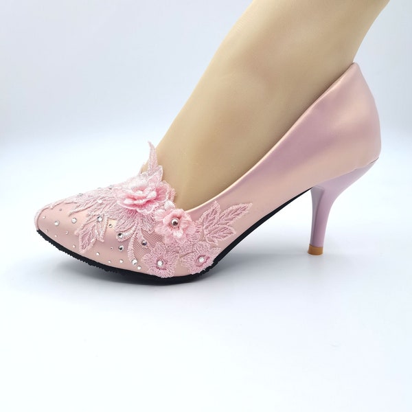 Pink lace women Wedding shoes pearls Bridal High heel 2.75inch  pumps pink  Rhinestone shoes  US SIZE 5-US 9.5