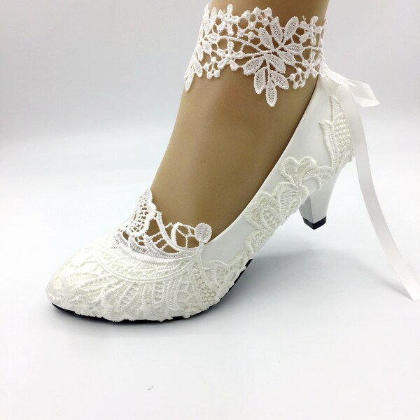 Lady Lace flower shoes,ankle strips ,White lace Wedding Shoes Bridal middle Heel shoes(4.5cm)  Size 5-9.5