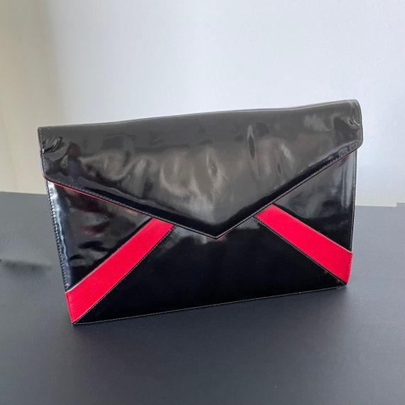 Envelope Purse Clutch Black and Red Patent Leathe… - image 1