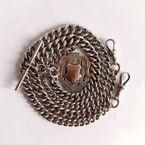 Massive antique solid silver double albert pocket watch chain with fob