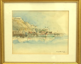 Vintage framed watercolour painting – Boats in Harbour