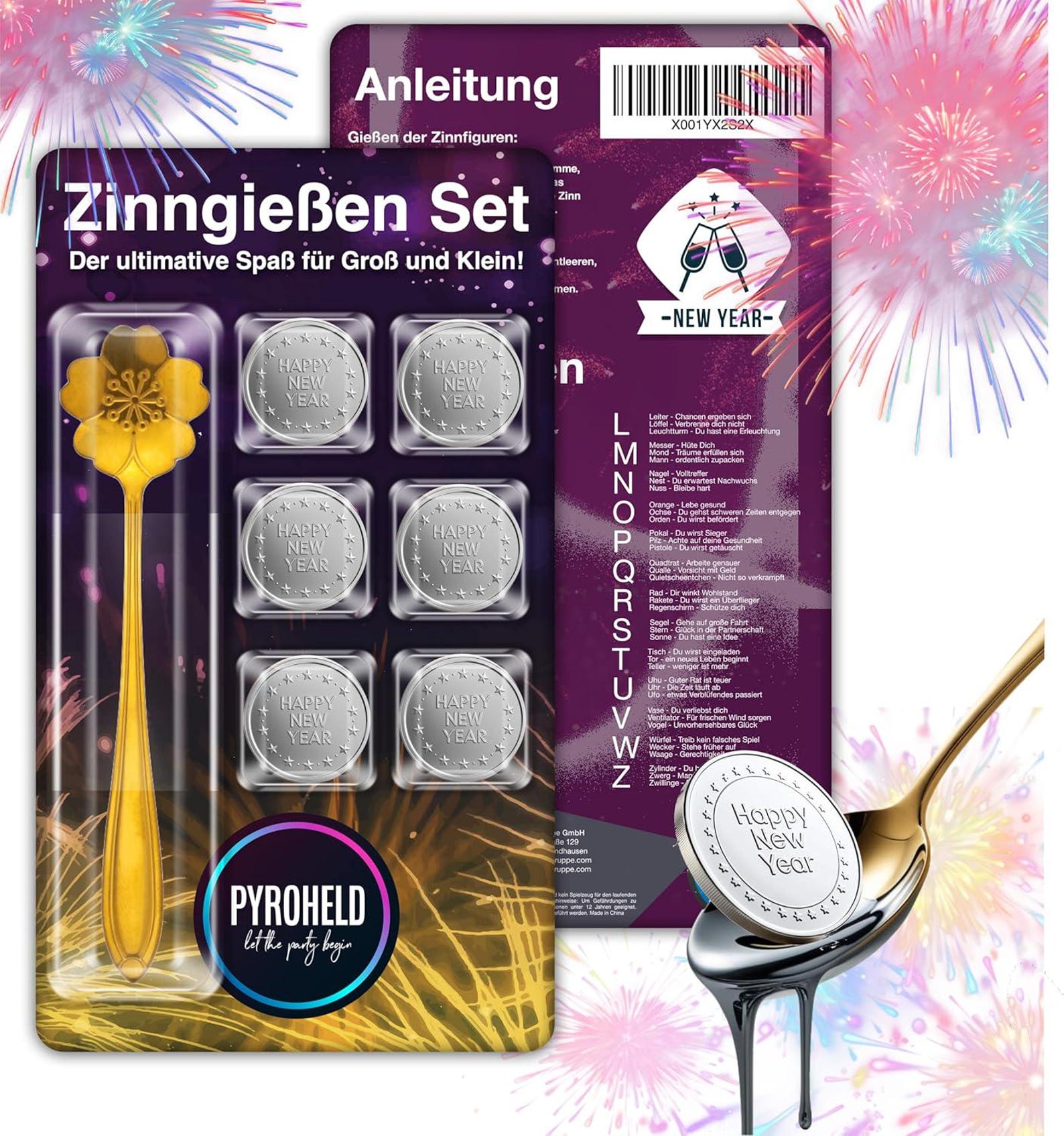 PYROHELD 7-piece tin casting set: Traditional casting with tin like lead casting, including spoon & interpretation book - New Year's Eve