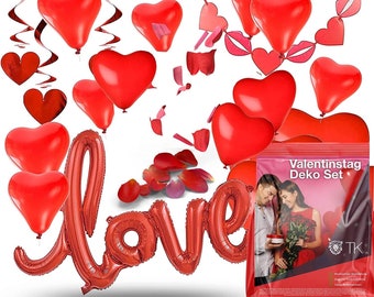 XXL Valentinstag Dekoration Deko Set - Heiratsantrag Hochzeit mit Herzluftballons, Girlande, LOVE Folienballon, Rosenblätter rot