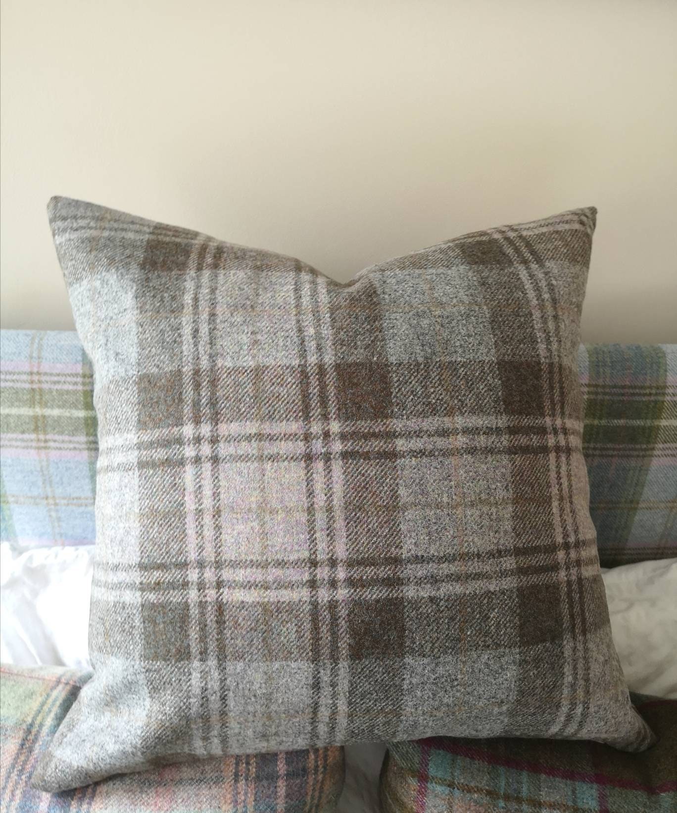 100 Pure Wool Cushion Cover Grey & Brown Check Etsy