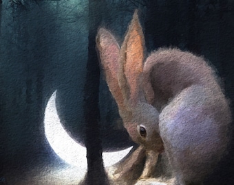 Bunny Art Print, Rabbit Art, Art Print, Wildlife Animal Art, Bunny, Rabbit Painting, BunnyArt, Bunny Illustration, Moon