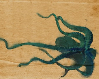 Wydruk artystyczny ośmiornicy, sztuka ośmiornicy, wydruk artystyczny, sztuka zwierząt dzikich, stworzenia oceaniczne, malarstwo ośmiornicy, ilustracja ośmiornicy