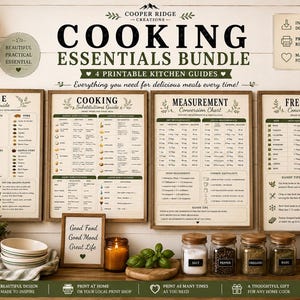 May include: A set of four printable kitchen guides titled Cooking Essentials Bundle by Cooper Ridge Creations. The charts include a Spice Pairing Guide, Cooking Substitutions Guide, Measurement Conversion Chart, and Fresh Herb Conversion Chart.