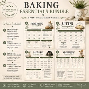 Może przedstawiać: Zestaw czterech drukowanych przewodników kuchennych pod tytułem Baking Essentials Bundle od Cooper Ridge Creations. Pakiet zawiera ściągę do pieczenia chleba, tabelę przeliczeniową masła, tabelę przeliczeniową form do pieczenia oraz tabelę miar.