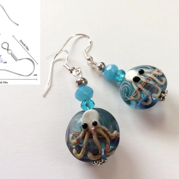 Artisan Handmand Aqua Blue Lampwork Earrings - 925 Sterling Silver - Ocean Sea Octopus Glass beads Dangle Earrings E21