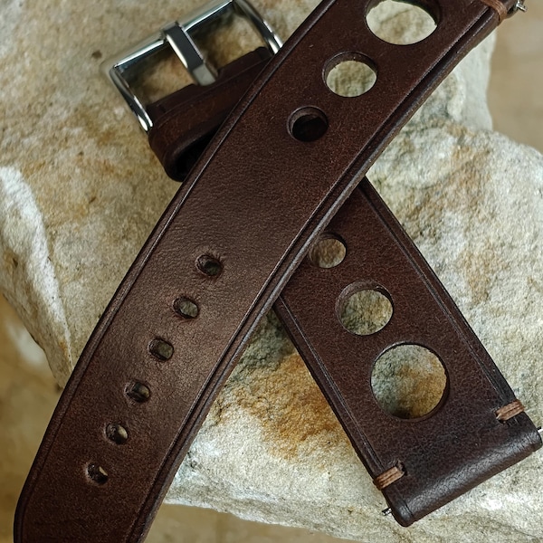 Handmade Brown Leather Rally Watch Strap: Vintage Racing Style