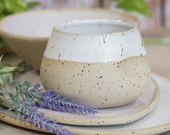 White thumb mug, Handmade white/beige coffee mug, Ceramic pinched mug,  Speckled white mug