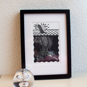 Linoprint from the &quot;underwater&quot; series: zo glad als een aalscholver (cormorant)