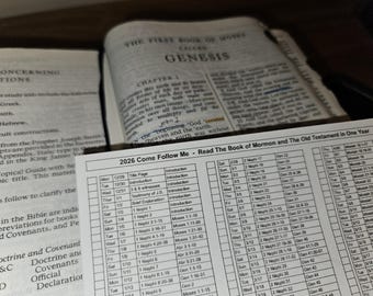 2026 Old Testament + Book of Mormon Come Follow Me - For Home and Church Daily Reading Chart Schedule - Bookmark size Option