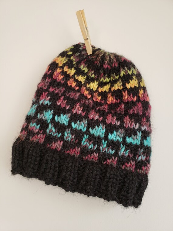 Hand knit alpaca hat, multicolor Unisex Striped Colorful Hand Knit Alpaca Beanie Hat for  main image 4