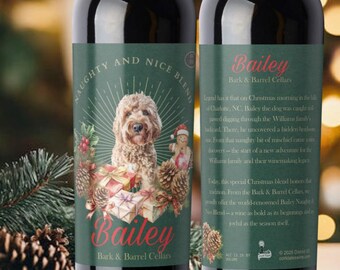 Custom Dog Photo Christmas Wine Labels, Personalized Story Gift