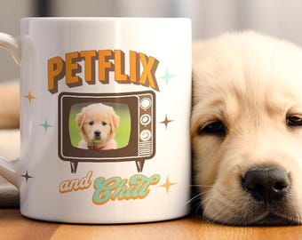 Custom Pet Photo Mug, Retro TV Petflix & Chill Design, Valentine Gift for Dog Mom