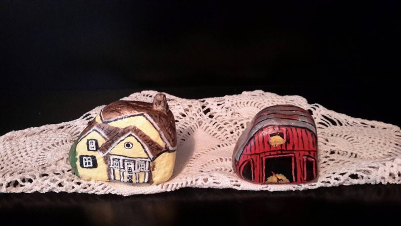 Farm House And Barn Hand Painted Rock Farm Yellow Farm Etsy