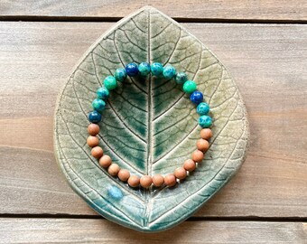 Chrysocolla and Sandalwood Beaded Bracelet, Crystal Gemstone Jewelry, Energy Healing, Yoga Gift for Him and Her