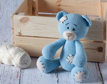 Blue Teddy Bear cuddly with patches, crochet toy Amigurumi for children, stuffed with anallergic silicone ball, eco-friendly, safe for kids