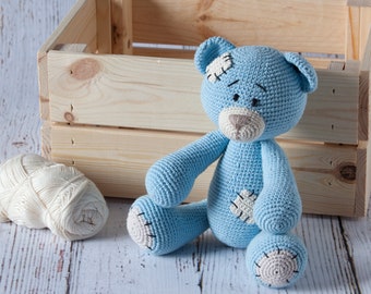 Blue Teddy Bear cuddly with patches, crochet toy Amigurumi for children, stuffed with anallergic silicone ball, eco-friendly, safe for kids