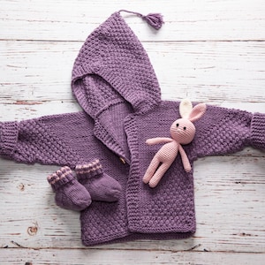 Baby set newborn: hooded sweater, hand knitted socks made of merino wool and rabbit hood, size 56/68 (1-3 months).