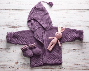 Baby set newborn: hooded sweater, hand knitted socks made of merino wool and rabbit hood, size 56/68 (1-3 months).