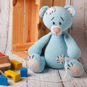 Big blue cuddly bear with patches, crochet Amigurumi toy for children, filled with non-allergenic silicone ball, eco-friendly image 2