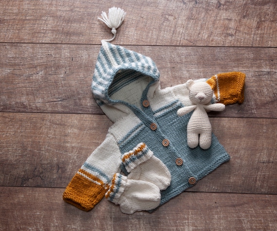STRIPED HOODED KNITTED CARDIGAN, NEWBORN STRIPED HOODED KNITTED CARDIGAN, NEWBORN