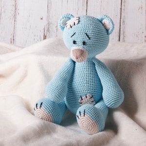 Big blue cuddly bear with patches, crochet Amigurumi toy for children, filled with non-allergenic silicone ball, eco-friendly image 1